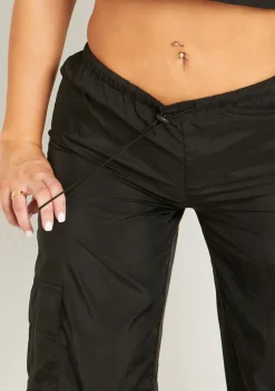 Rave Outfits|Concert Outfits*Missy Empire Grace Black Parachute Cargo Trousers