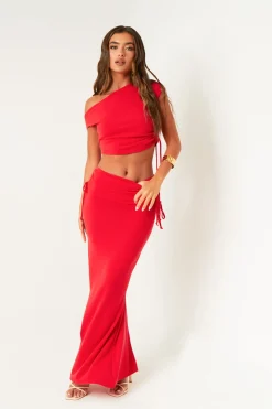 Skirts*Missy Empire Grace Ruched Fold Over Maxi Skirt Red