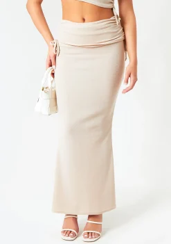 Skirts|Co-Ords*Missy Empire Grace Sand Ruched Fold Over Maxi Skirt Beige