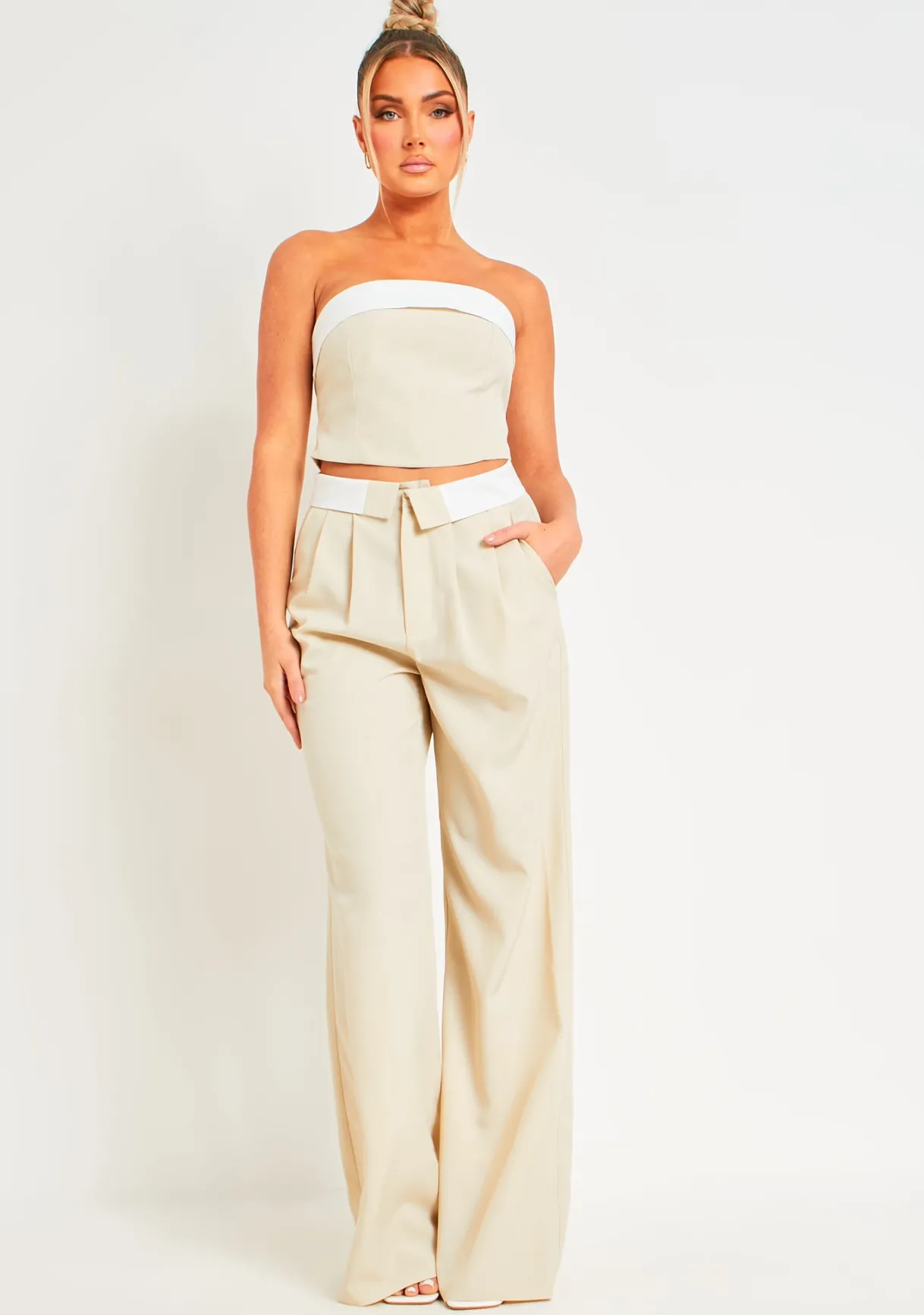 Trousers|Co-Ords*Missy Empire Gracie Fold Over Waist Wide Leg Trousers Beige