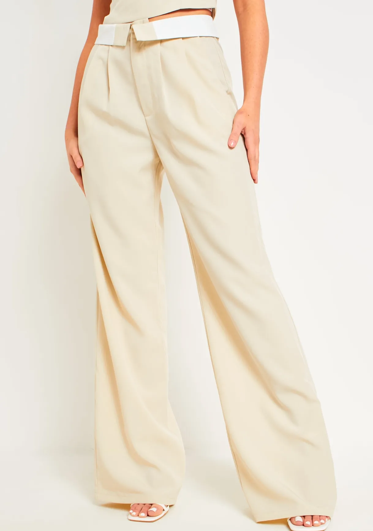Trousers|Co-Ords*Missy Empire Gracie Fold Over Waist Wide Leg Trousers Beige