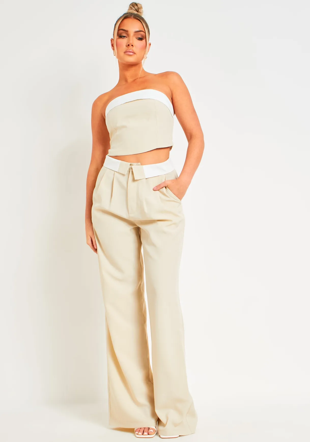 Trousers|Co-Ords*Missy Empire Gracie Fold Over Waist Wide Leg Trousers Beige