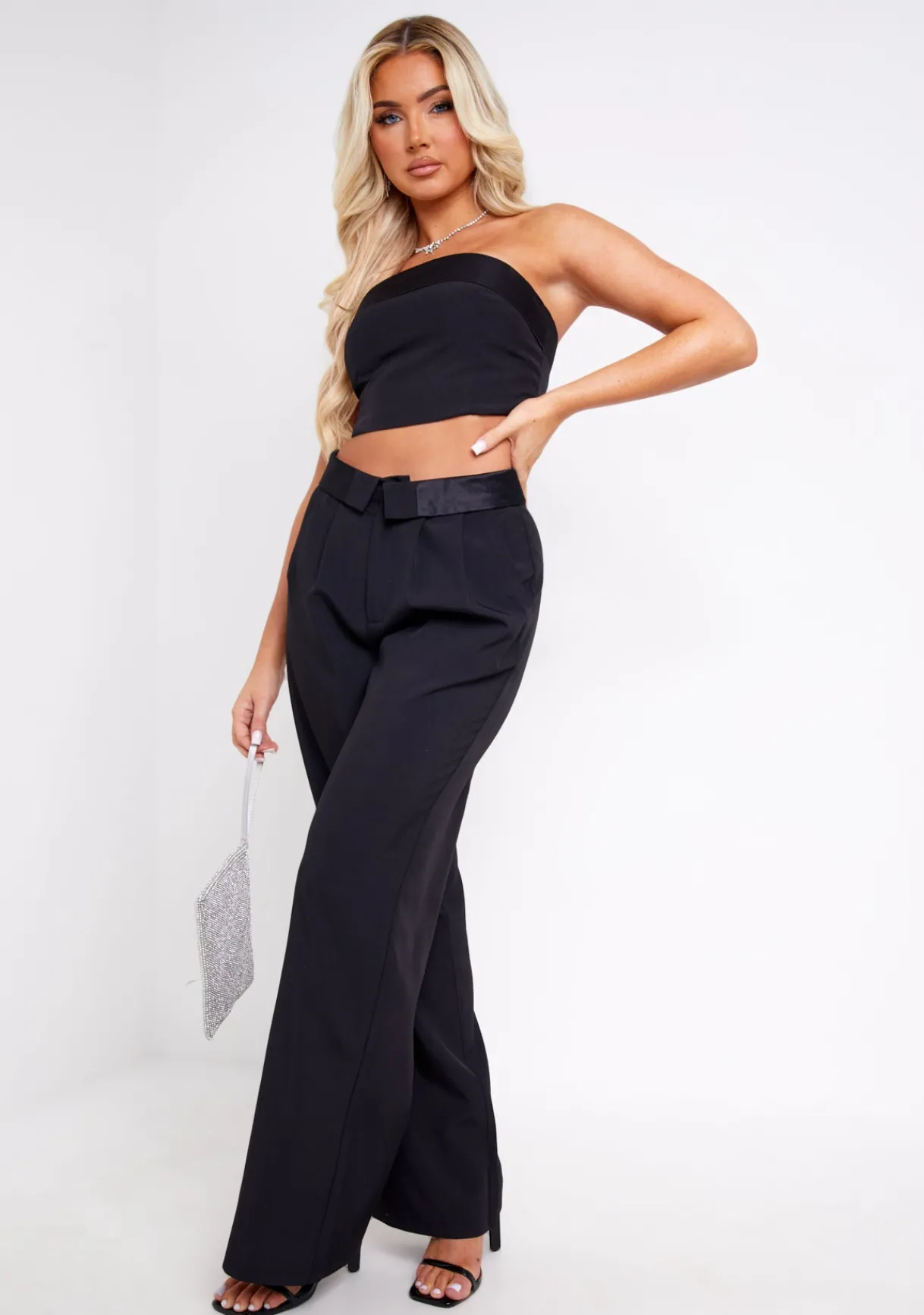 The Party Edit|Trousers*Missy Empire Gracie Satin Fold Over Waist Wide Leg Trousers Black
