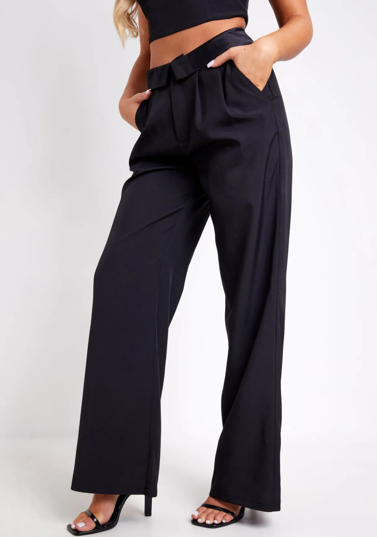 The Party Edit|Trousers*Missy Empire Gracie Satin Fold Over Waist Wide Leg Trousers Black