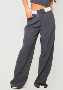 Trousers|Co-Ords*Missy Empire Gracie Fold Over Waist Wide Leg Trousers Charcoal