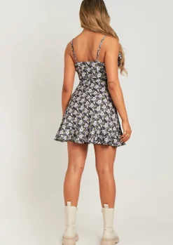 Little Black Dresses|Mini Dresses*Missy Empire Haila Black Ditsy Floral Wrap Mini Frill Dress