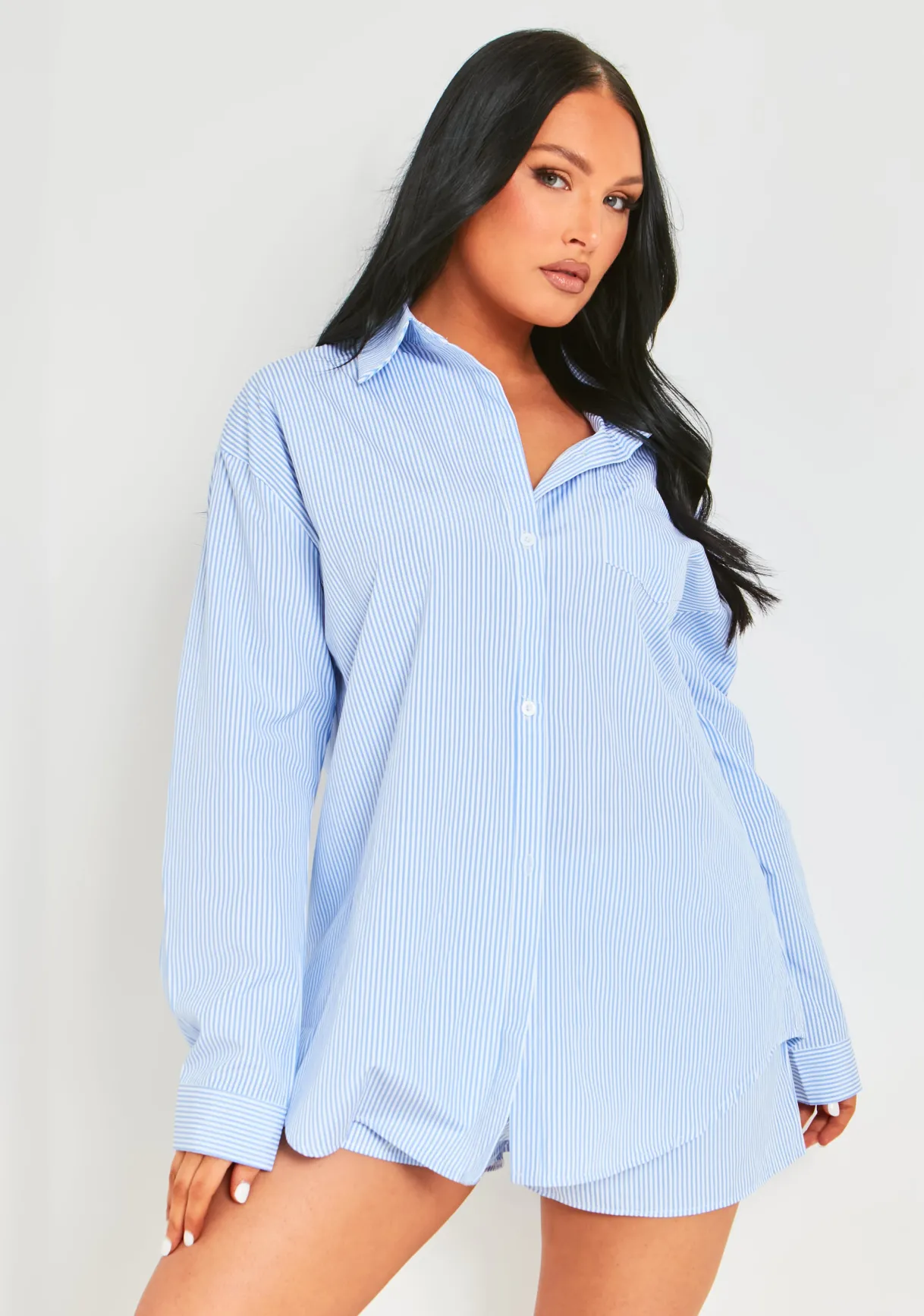 Tops|Co-Ords*Missy Empire Hallie Blue Pinstripe Oversized Shirt