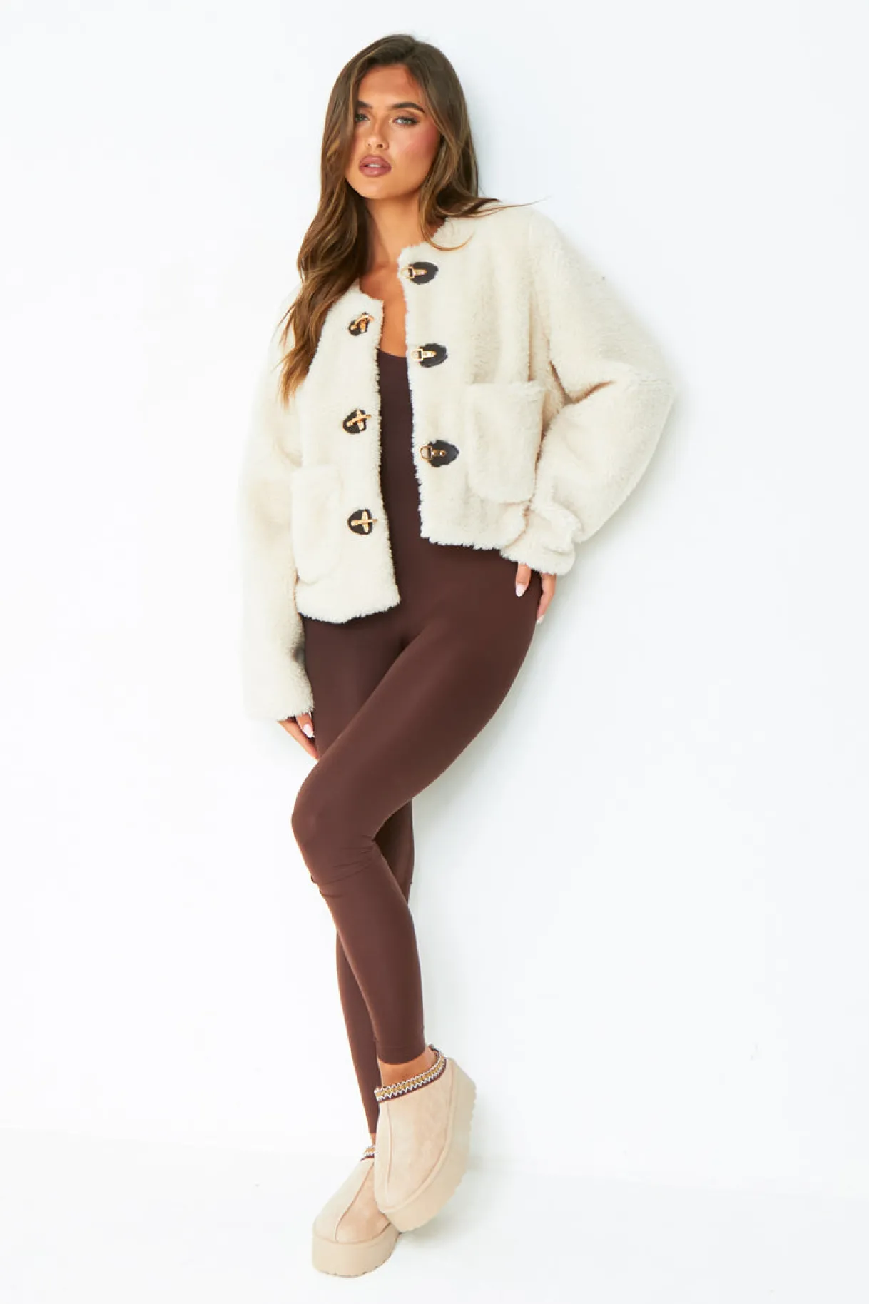 Coats & Jackets*Missy Empire Hannah Cream Borg Fleece Buckle Detail Jacket