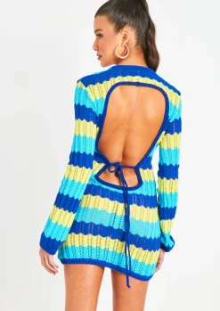 Knitted Dresses|Mini Dresses*Missy Empire Harleigh Blue Multi Crochet Knit Backless Mini Dress