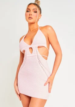 Knitted Dresses|Mini Dresses*Missy Empire Harley Crochet Knit Halterneck Backless Mini Dress Baby Pink