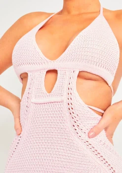 Knitted Dresses|Mini Dresses*Missy Empire Harley Crochet Knit Halterneck Backless Mini Dress Baby Pink