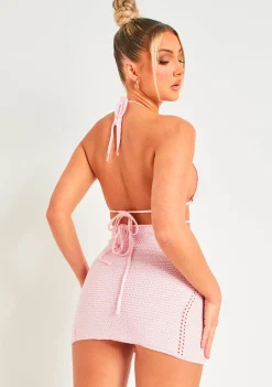 Knitted Dresses|Mini Dresses*Missy Empire Harley Crochet Knit Halterneck Backless Mini Dress Baby Pink