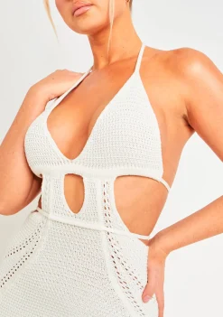 Knitted Dresses|Mini Dresses*Missy Empire Harley Crochet Knit Halterneck Backless Mini Dress Off White