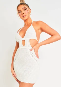 Knitted Dresses|Mini Dresses*Missy Empire Harley Crochet Knit Halterneck Backless Mini Dress Off White