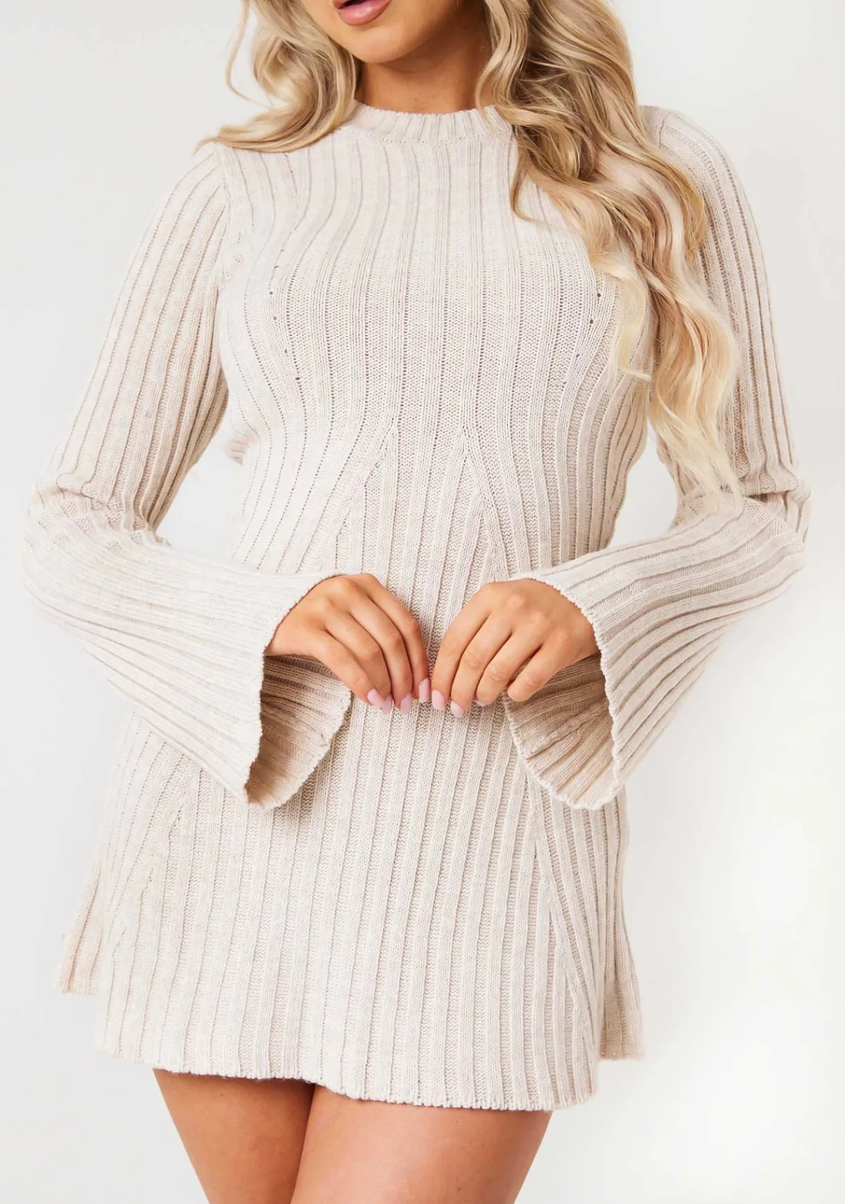 Long Sleeve Dresses|Knitted Dresses*Missy Empire Harper Rib Knit Flare Mini Dress Beige