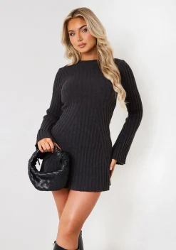 Long Sleeve Dresses|Knitted Dresses*Missy Empire Harper Dark Grey Rib Knit Flare Mini Dress Charcoal