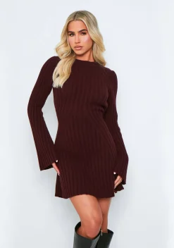 Knitted Dresses|Party Dresses*Missy Empire Harper Rib Knit Flare Mini Dress Wine