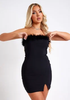 The Party Edit|Little Black Dresses*Missy Empire Heidi Black Feather Trim Strapless Mini Dress