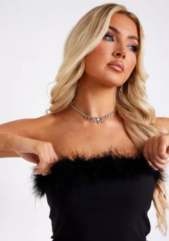 The Party Edit|Little Black Dresses*Missy Empire Heidi Black Feather Trim Strapless Mini Dress