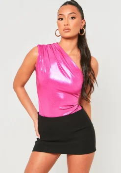 Rave Outfits|Concert Outfits*Missy Empire Hiba Pink Metallic One Shoulder Bodysuit