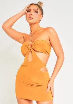 Mini Dresses|Party Dresses*Missy Empire Indie Orange O Ring Halterneck Cut Out Slinky Mini Dress