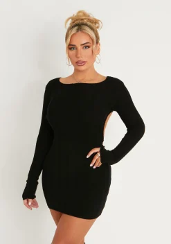 Long Sleeve Dresses|Little Black Dresses*Missy Empire Iona Black Knitted Backless Mini Dress