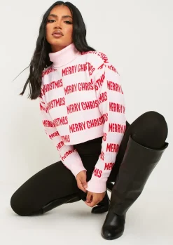 Knitwear*Missy Empire Iris Pink Merry Christmas Knitted Crop High Neck Jumper