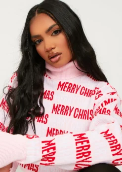 Knitwear*Missy Empire Iris Pink Merry Christmas Knitted Crop High Neck Jumper