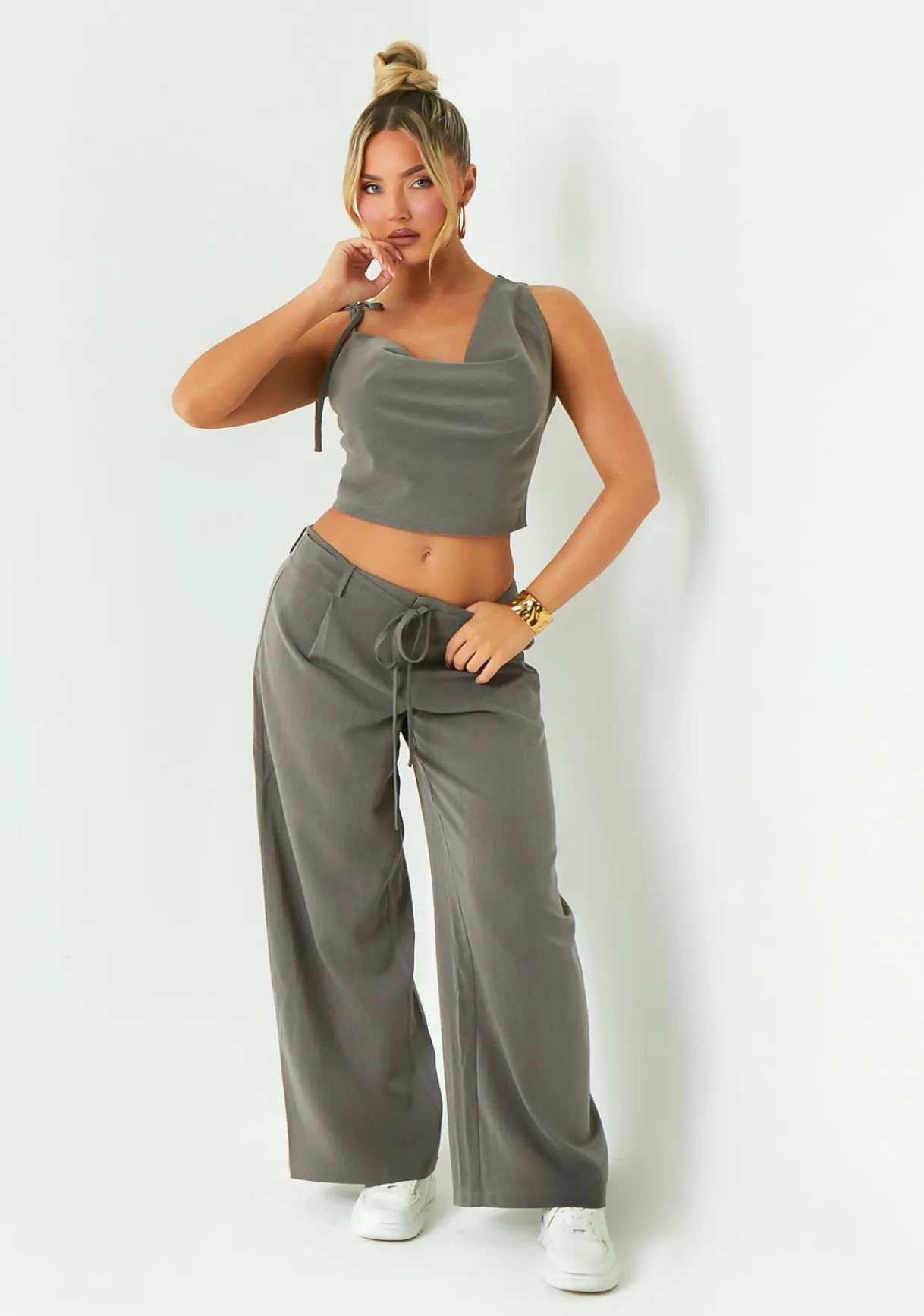 The Party Edit|Trousers*Missy Empire Isabela Low Rise Tailored Trousers Grey