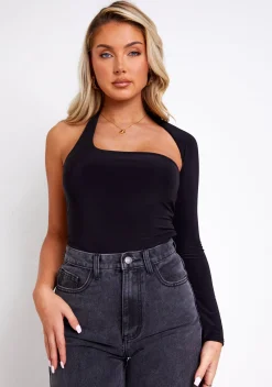 Concert Outfits|The Party Edit*Missy Empire Isla One Sleeve Slinky Bodysuit Black