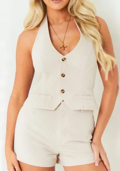 Tops|Co-Ords*Missy Empire Ivy Cream Linen Halterneck Waistcoat Top
