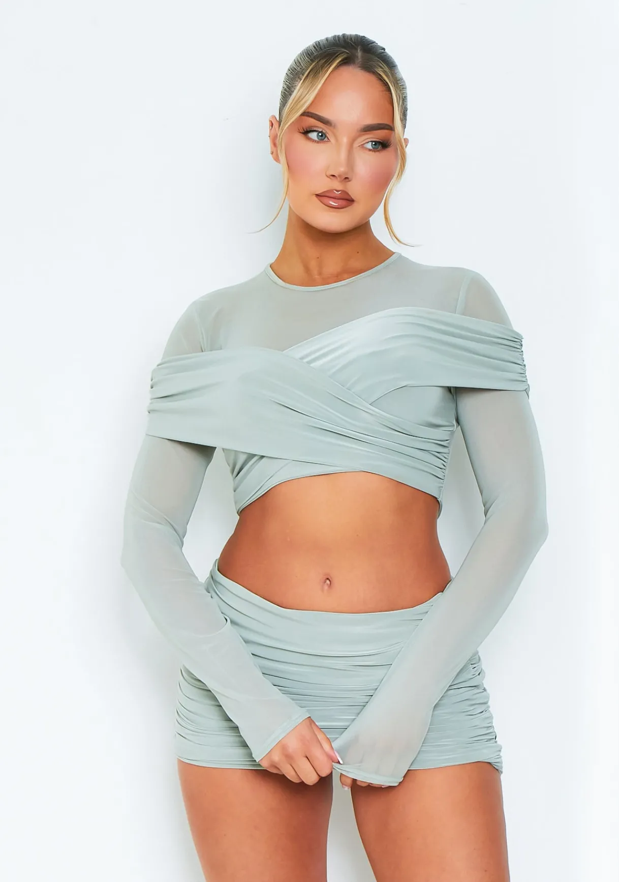 Tops|Co-Ords*Missy Empire Ivy Sage Mesh Sleeve Cross Over Long Sleeve Top