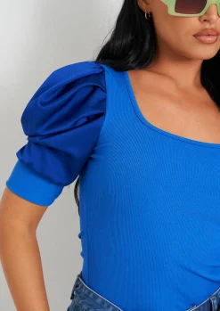 Tops|Bodysuits*Missy Empire Jade Puff Sleeve Square Neck Bodysuit Blue