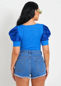 Tops|Bodysuits*Missy Empire Jade Puff Sleeve Square Neck Bodysuit Blue