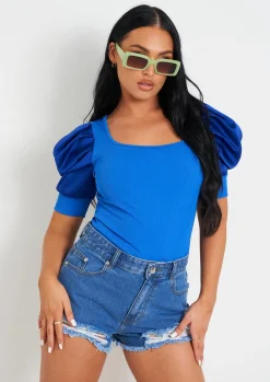 Tops|Bodysuits*Missy Empire Jade Puff Sleeve Square Neck Bodysuit Blue