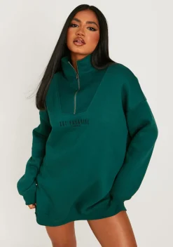 Mini Dresses|Casual Dresses*Missy Empire Jamilla Ski Paradise Embroidered Half Zip Sweater Dress Dark Green