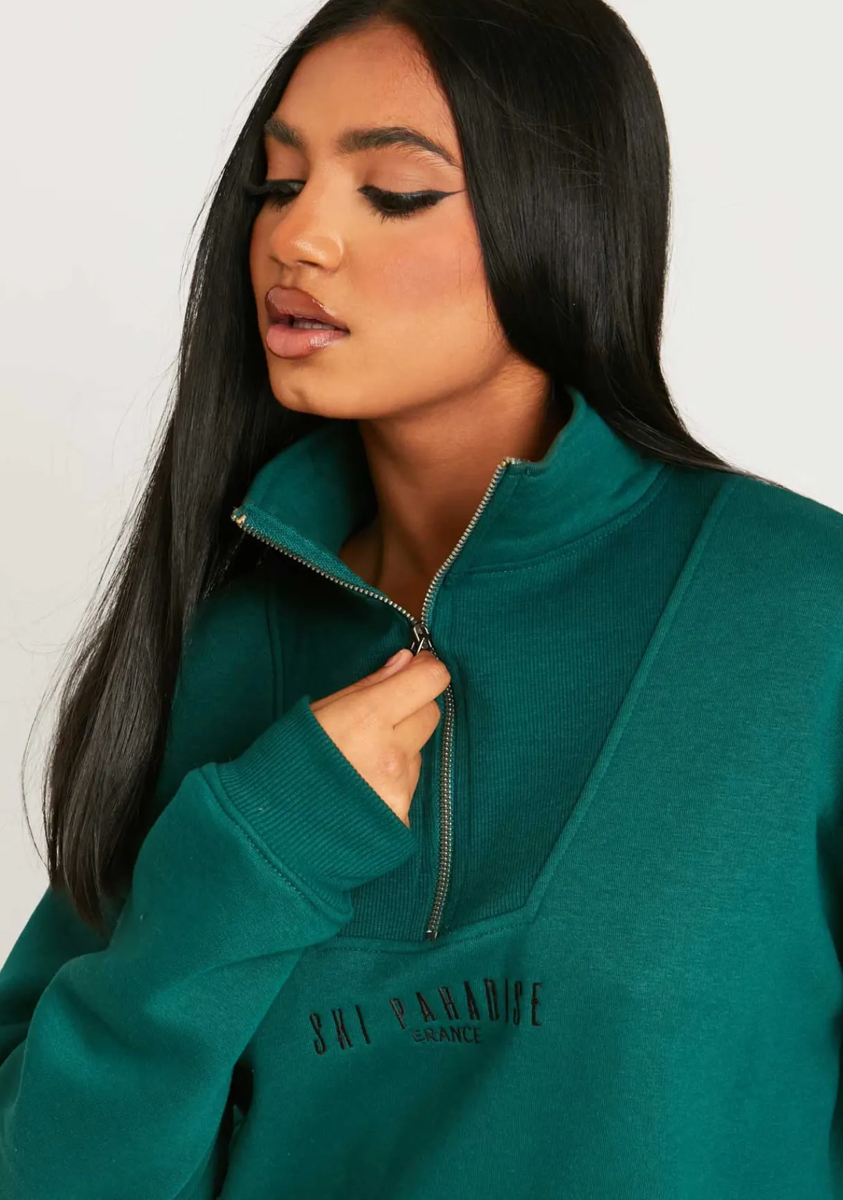 Mini Dresses|Casual Dresses*Missy Empire Jamilla Ski Paradise Embroidered Half Zip Sweater Dress Dark Green