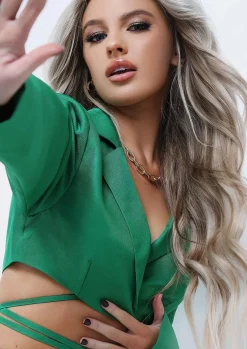 Co-Ords|Coats & Jackets*Missy Empire Janie Green Tailored Tie Waisted Cropped Blazer Co-ord