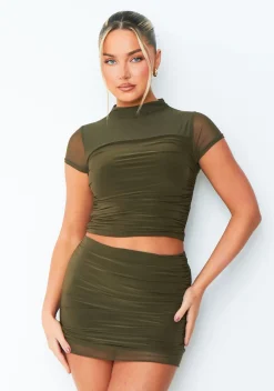 Tops|Co-Ords*Missy Empire Jasmine Khaki Mesh Cap Sleeve Top