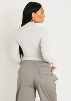 Tops|Bodysuits*Missy Empire Jayla Ribbed Cut Out Turtle Neck Bodysuit Grey