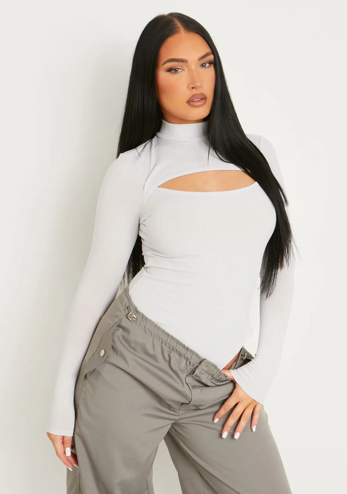 Tops|Bodysuits*Missy Empire Jayla Ribbed Cut Out Turtle Neck Bodysuit Grey