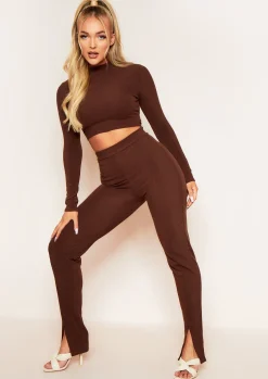 Airport Vibin'|Leggings*Missy Empire Jaz Ribbed Split Front Leggings Chocolate