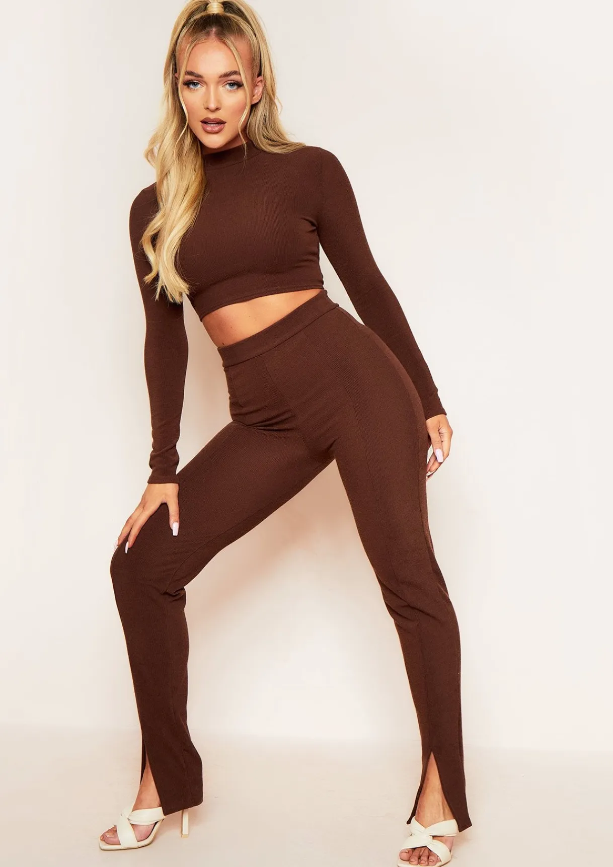 Airport Vibin'|Leggings*Missy Empire Jaz Ribbed Split Front Leggings Chocolate