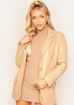 Coats & Jackets|Blazers*Missy Empire Jess Faux Leather Oversized Blazer Beige