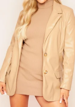 Coats & Jackets|Blazers*Missy Empire Jess Faux Leather Oversized Blazer Beige