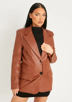 Coats & Jackets|Blazers*Missy Empire Jess Faux Leather Oversized Blazer Chocolate