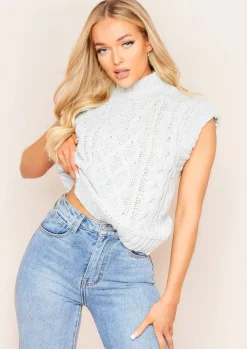 Tops|Knitwear*Missy Empire Jess Cable Knit High Neck Vest Grey