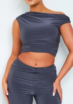 Concert Outfits|Tops*Missy Empire Jessica Charcoal Slinky Twist Sleeve Top