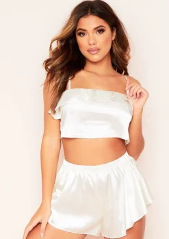 Nightwear*Missy Empire Jessica Satin Frill Pyjama Crop Top Ivory