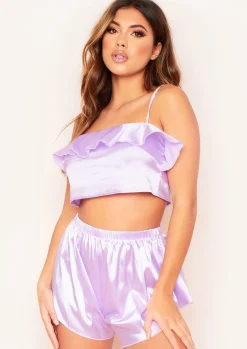 Nightwear*Missy Empire Jessica Satin Frill Pyjama Crop Top Lilac